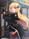  absurdres ahoge akari_(blue_archive) assault_rifle black_legwear blonde_hair blue_archive blue_eyes blurry blurry_background breasts chuuten_(clam_chowder) commentary_request gloves gun h&amp;k_hk416 hair_ornament halo highres horns large_breasts looking_at_viewer pointing rifle thigh-highs weapon 