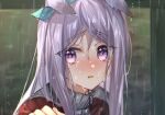  1girl animal_ears aqua_ribbon bangs blurry blurry_background blush crying crying_with_eyes_open depth_of_field ear_ribbon ears_down eyebrows_visible_through_hair hair_between_eyes hand_up horse_ears jacket long_hair looking_at_viewer mejiro_mcqueen nose_blush ouri_(aya_pine) parted_lips purple_hair rain red_jacket ribbon solo swept_bangs tears track_jacket umamusume upper_body violet_eyes wet wet_hair 