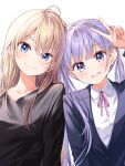  2girls blonde_hair blue_eyes blush closed_mouth collarbone eyebrows_visible_through_hair highres long_hair looking_at_viewer multiple_girls new_game! open_mouth purple_hair smile suzukaze_aoba tokunou_shoutarou twintails v violet_eyes yagami_kou 