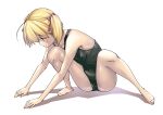  1girl absurdres ahoge black_swimsuit blonde_hair closed_mouth highres itosugi_masahiro m_legs original pink_ribbon ribbon school_swimsuit short_hair simple_background swimsuit twintails white_background 
