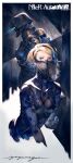  2girls armor black_headwear blonde_hair blue_eyes bodysuit breastplate commentary_request copyright_name helmet long_sleeves mask mouth_veil multiple_girls nier_(series) nier_automata operator_21o see-through short_hair signature upper_body v8 