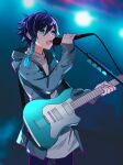  1boy alternate_costume androgynous bangs black_hair blue_hair blurry blurry_background braid genshin_impact gradient_hair green_eyes guitar highres holding holding_instrument holding_microphone hood hood_down instrument jacket long_sleeves male_focus microphone microphone_cord microphone_stand multicolored_hair open_mouth rome_romedo shirt short_hair_with_long_locks solo twin_braids venti_(genshin_impact) white_shirt 