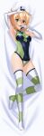  1girl absurdres akatsuki_kirika bed_sheet blonde_hair blush breasts dakimakura_(medium) green_eyes green_leotard highres leotard looking_at_viewer lying medium_breasts nyanmaru on_back senki_zesshou_symphogear shiny shiny_hair shiny_skin short_hair solo striped striped_legwear thigh-highs 