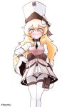  1girl belt belt_pouch blonde_hair blush bow breasts dress girls_frontline hand_on_hip hat hat_bow hat_ribbon kolibri_(girls_frontline) long_hair long_sleeves looking_at_viewer mogijabgo pouch ribbon small_breasts smile solo standing thigh_pouch thigh_strap white_background white_legwear wide_sleeves 