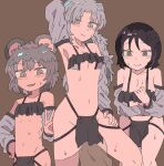  3girls alternate_costume animal_ears arm_up armpits black_hair breasts brown_background commentary cookie_(touhou) detached_sleeves flat_chest flour_(cookie) grey_hair hand_on_hip kumoi_ichirin large_breasts loincloth long_hair matching_outfit milk_(cookie) mouse_ears multiple_girls murasa_minamitsu nazrin nyon_(cookie) revealing_clothes short_hair simple_background sweat touhou v yariman_(nicoseiga88353786) 