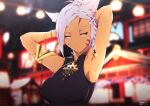  1girl absurdres animal_ears armlet armpits arms_up blurry blurry_background bracelet braid breasts cat_ears china_dress chinese_clothes commission dark_skin dark-skinned_female dress earrings facial_mark final_fantasy final_fantasy_xiv grey_eyes grey_hair half-closed_eyes highres jewelry looking_at_viewer medium_breasts miqo&#039;te nenaosu second-party_source short_hair sleeveless smile solo upper_body whisker_markings 
