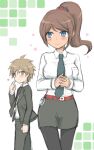  1boy 1girl asahina_aoi bangs belt black_jacket black_legwear blue_eyes blush breasts brown_hair brown_skirt collared_shirt commentary_request cowboy_shot dangan_ronpa_(series) dangan_ronpa_3_(anime) formal from_side green_background hair_ornament hair_scrunchie heart jacket large_breasts looking_at_viewer miniskirt naegi_makoto nanasaki necktie pantyhose ponytail red_belt red_scrunchie scrunchie shirt skirt smile suit 