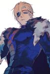  1boy armor bangs black_armor black_cape black_eyepatch blonde_hair blue_eyes breastplate cape closed_mouth dimitri_alexandre_blaiddyd eyepatch fire_emblem fire_emblem:_three_houses fur_trim hair_between_eyes highres looking_at_viewer looking_down male_focus medium_hair one_eye_covered sangzhujun simple_background solo standing swept_bangs upper_body white_background 