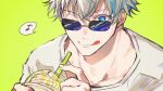  1boy :q bangs blue_eyes closed_mouth cup drinking_straw gojou_satoru green_background hair_between_eyes holding holding_cup jujutsu_kaisen looking_at_viewer male_focus musical_note one_eye_closed shibuki_kamone shirt short_hair simple_background sketch solo speech_bubble sunglasses tongue tongue_out upper_body white_hair white_shirt 