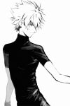  11kkr 1boy alternate_costume arms_at_sides bishounen black_shirt black_theme expressionless facing_away greyscale half-closed_eyes highres looking_afar male_focus messy_hair monochrome nagisa_kaworu neon_genesis_evangelion parted_lips profile shaded_face shirt short_sleeves simple_background skinny tight tight_shirt turtleneck upper_body white_background 