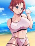  beach boudica_(fate) bra breasts fate/grand_order fate_(series) highres large_breasts long_hair midriff ocean redhead sportswear tied_hair toned underwear wristband zumizu 