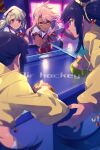  4girls air_hockey arcade bangs bikini black_hair blue_bikini blue_eyes blush breasts chloe_von_einzbern cis05 collared_shirt dark_skin dark-skinned_female dual_persona fate/grand_order fate/kaleid_liner_prisma_illya fate_(series) grin hair_between_eyes hair_bun half_updo homurahara_academy_uniform illyasviel_von_einzbern jacket long_hair long_sleeves looking_at_viewer medium_breasts multiple_girls neck_ribbon open_mouth orange_eyes parted_bangs pink_hair puffy_short_sleeves puffy_sleeves red_eyes red_ribbon ribbon shirt short_sleeves side_bun side_ponytail sidelocks small_breasts smile swimsuit ushiwakamaru_(fate) ushiwakamaru_(swimsuit_assassin)_(fate) very_long_hair white_hair white_shirt yellow_jacket 