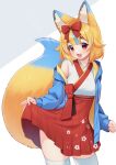  1girl :d absurdres animal_ears bangs bare_shoulders blonde_hair blue_hair blue_jacket bow collarbone commentary_request eyebrows_visible_through_hair fox_ears fox_girl fox_tail hair_bow highres hood hood_down hooded_jacket indie_virtual_youtuber jacket japanese_clothes kimono long_sleeves looking_at_viewer multicolored_hair open_mouth pleated_skirt red_bow red_eyes red_skirt sakura_chiyo_(konachi000) short_eyebrows skirt sleeveless sleeveless_kimono sleeves_past_wrists smile solo streaked_hair tail tail_raised thick_eyebrows thigh-highs white_kimono white_legwear yamano_kayo 