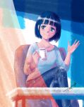  1girl bangs black_hair blunt_bangs blush chair chutohampa crossed_legs cup feet_out_of_frame grey_eyes grey_shirt highres holding holding_cup long_sleeves original shirt short_hair signature smile solo 