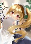  1girl alternate_costume apron blonde_hair blue_dress blurry blurry_background blush commentary cowboy_shot dress enmaided eyebrows_visible_through_hair fingernails flandre_scarlet hair_between_eyes highres holding holding_tray kamachi_(kamati0maru) leaning_to_the_side looking_at_viewer maid maid_apron maid_headdress nail_polish one_side_up plant potted_plant puffy_short_sleeves puffy_sleeves red_eyes red_nails sett sharp_fingernails short_hair_with_long_locks short_sleeves smile solo standing touhou tray wings 