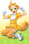  1970s_(style) 1girl 21_emon blonde_hair breasts dress gloves green_eyes looking_at_viewer mongaa_(21_emon) open_mouth panties retro_artstyle short_hair skirt smile solo tail thigh-highs ueyama_michirou underwear 