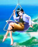  1girl bare_legs barefoot black_hair black_shirt blue_eyes brown_shorts chutohampa coat crossed_legs glint hand_up highres instrument long_hair long_sleeves original parted_lips ponytail shirt shirt_tucked_in shorts signature solo triangle_(instrument) white_coat 
