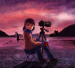  1girl blue_gloves blue_pants blue_scarf brown_jacket camera castle chutohampa clouds cryptid from_behind gloves hat jacket loch_ness_monster long_sleeves looking_at_viewer looking_back original pants red_theme reflection scarf signature solo steam water 