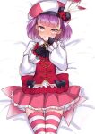  1girl bangs blush breasts fate/grand_order fate_(series) gloves helena_blavatsky_(fate) looking_at_viewer purple_hair senbon_tsuki small_breasts smile thigh-highs thighs violet_eyes white_sleeves 