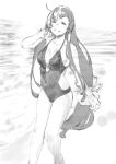  1girl ahoge arm_up asymmetrical_bangs bangs beach breasts greyscale grin hair_ornament highres kantai_collection large_breasts long_hair looking_at_viewer low-tied_long_hair mizuho_(kancolle) monochrome one-piece_swimsuit outdoors sidelocks smile solo swimsuit uyama_hajime 