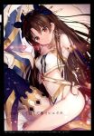  1girl absurdres bangs bare_shoulders breasts brown_hair fate/grand_order fate_(series) hair_ornament highres ishtar_(fate) ishtar_(fate)_(all) long_hair medium_breasts necomi red_eyes scan single_thighhigh smile solo thigh-highs thighs 