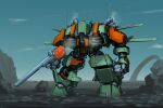  gun highres holding holding_gun holding_weapon ksenolog looking_at_viewer mecha no_humans open_hand original radio_antenna rock science_fiction solo standing visor weapon 