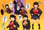  1boy 1girl bandaid bandaid_on_nose bare_pecs baseball_bat beads black_jacket black_skirt blonde_hair breasts broken_heart brother_and_sister brown_hair commentary_request gakuran hands_in_pockets hands_on_hips hat jacket large_breasts narisokonai open_clothes open_jacket open_mouth original pointing prayer_beads red_shirt round_teeth school_uniform shirt short_hair siblings skirt smile sweatdrop tears teeth translation_request 