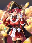  1girl bandages bangs blurry blurry_foreground blush breasts coin collarbone eyebrows_visible_through_hair eyepatch gold hal_(stsff) highres hololive houshou_marine large_breasts long_hair looking_at_viewer solo tagme treasure virtual_youtuber yellow_eyes 