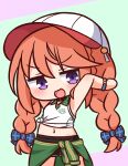  1girl :d armpits arms_up bangs baseball_cap black_shorts blue_bow blush bow braid brown_hair chibi clothes_around_waist collared_shirt commentary_request eyebrows_visible_through_hair green_background green_jacket hair_between_eyes hair_bow hana_kazari hat highres jacket jacket_around_waist long_hair navel open_mouth plaid plaid_bow princess_connect! princess_connect!_re:dive purple_background shirt short_shorts shorts sleeveless sleeveless_shirt smile solo tied_shirt twin_braids twintails two-tone_background v-shaped_eyebrows very_long_hair violet_eyes white_headwear white_shirt yuni_(princess_connect!) 