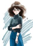  1girl bangs belt black_shirt blue_pants blush brown_eyes brown_hair chutohampa cowboy_shot eyebrows_visible_through_hair glasses hand_up long_hair long_sleeves original pants parted_lips shirt signature solo turtleneck watch watch white_background 