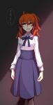  1girl ahoge arms_at_sides artoria_pendragon_(all) blue_ribbon blue_skirt cosplay fate/grand_order fate/stay_night fate_(series) fujimaru_ritsuka_(female) hair_between_eyes high-waist_skirt highres looking_at_viewer neck_ribbon orange_eyes orange_hair pantyhose ribbon saber saber_(cosplay) scrunchie shaded_face shirt short_hair side_ponytail skirt smile solo takenoko_(haruharu) translation_request white_shirt yellow_scrunchie 