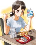  1girl bangs bowl brown_eyes brown_hair chair chutohampa hand_up long_hair milk_carton original shadow shirt short_sleeves signature solo spoon table white_shirt yellow_background 