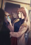  1girl blue_eyes blue_sweater brown_hair brown_jacket building city city_lights cityscape closed_mouth ground_vehicle hair_ornament hairclip haru_(hiyori-kohal) highres holding holding_phone jacket long_hair long_sleeves looking_away night night_sky original phone red_skirt reflection skirt sky solo standing sweater train train_interior turtleneck turtleneck_sweater 