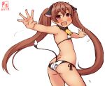  anal_tail animal_ears animal_print artist_logo ass bikini brown_eyes brown_hair commentary_request cow_ears cow_horns cow_print cow_tail cowboy_shot dated fake_tail flat_chest from_behind highres horns kanon_(kurogane_knights) kantai_collection libeccio_(kancolle) long_hair looking_at_viewer looking_back one-hour_drawing_challenge side-tie_bikini simple_background standing swimsuit tail tan thigh-highs twintails waving white_background white_bikini white_legwear 