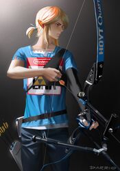  1boy absurdres adapted_costume aqua_shirt archery arrow_(projectile) blonde_hair bow_(weapon) contemporary cowboy_shot darr1o drawstring english_commentary gloves grey_background highres holding holding_bow_(weapon) holding_weapon hoyt_archery link name_tag nintendo pointy_ears ponytail quiver shirt short_sleeves signature single_glove solo sport the_legend_of_zelda the_legend_of_zelda:_breath_of_the_wild weapon 