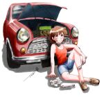  1girl blue_shorts brown_eyes brown_footwear brown_hair car chutohampa ground_vehicle motor_vehicle open_mouth original red_tank_top shadow short_hair shorts signature simple_background sitting solo tank_top white_background wrench 