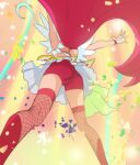  1girl ass bike_shorts cure_flamingo fingerless_gloves fishnet_legwear fishnets from_behind from_below gloves haruyama_kazunori long_hair magical_girl outstretched_arms precure redhead skirt solo standing takizawa_asuka thigh-highs tropical-rouge!_precure white_gloves 