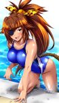  1girl all_fours bombergirl breasts brown_eyes brown_hair collarbone commentary_request competition_swimsuit eyepatch fang hair_ribbon highres large_breasts long_hair one-piece_swimsuit open_mouth oren_(bombergirl) ponytail ribbon solo swimsuit tail tan tsuchimiya upper_teeth wet wet_clothes wet_swimsuit 