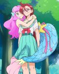  2girls aozora_middle_school_uniform blue_eyes bracelet closed_mouth green_skirt hair_between_eyes hands_on_another&#039;s_shoulders haruyama_kazunori head_fins jewelry laura_(precure) long_hair looking_at_another mermaid monster_girl multiple_girls outdoors pink_hair precure redhead school_uniform serafuku short_sleeves skirt smile standing takizawa_asuka tree tropical-rouge!_precure violet_eyes wet wet_clothes wet_skirt yuri 