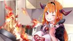  1girl ahoge apron bangs black_hairband black_jacket blonde_hair blunt_bangs blurry blurry_background bow breasts brooch collared_shirt commentary_request cooking diagonal-striped_bow dragon_girl dragon_horns fire flipping_food food frilled_apron frills frying_pan gem grin hairband hand_up highlights highres hololive horn_bow horns indoors jacket jewelry kiryu_coco kitchen large_breasts light_blush long_hair looking_at_viewer microwave multicolored multicolored_eyes multicolored_hair one_eye_closed orange_hair pasta pointy_ears print_apron red_eyes shirt sidelocks slit_pupils smile solo streaked_hair striped striped_bow tongs violet_eyes virtual_youtuber white_apron white_shirt yuyaiyaui 