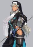  1girl aqua_eyes black_bodysuit bodysuit breasts bridal_gauntlets elbow_gloves fingerless_gloves gloves habit highres hip_vent large_breasts latex latex_bodysuit latex_gloves long_hair mole mole_under_eye nun ohlia original shiny shiny_clothes shrug_(clothing) silver_hair skin_tight solo tan turtleneck veil 