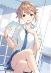  1girl :d aomi_haru blue_neckwear blue_skirt bracelet breast_pocket brown_eyes brown_hair chair chitose-kun_wa_ramune_bin_no_naka classroom collarbone collared_shirt crossed_legs dutch_angle hair_between_eyes head_tilt highres holding indoors jewelry long_hair looking_away loose_necktie miniskirt necktie novel_illustration official_art on_chair open_mouth plaid plaid_skirt pleated_skirt pocket ponytail school_chair school_uniform second-party_source shiny shiny_hair shirt sitting skirt sleeves_rolled_up smile socks solo striped striped_neckwear sweatdrop textless thighs upskirt weee_(raemz) white_legwear white_shirt wing_collar 
