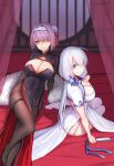  2girls azur_lane black_dress black_legwear breasts china_dress chinese_clothes closed_fan curtains cutout_above_navel dress elbow_gloves eyebrows_visible_through_hair fan feather_boa flower folded_ponytail folding_fan garter_straps gloucester_(azur_lane) gloucester_(brilliance_in_purple)_(azur_lane) gloves hair_between_eyes hair_flower hair_ornament hair_ribbon hairband highres holding holding_fan huge_breasts illustrious_(azur_lane) illustrious_(maiden_lily&#039;s_radiance)_(azur_lane) indoors large_breasts looking_at_viewer mole mole_under_eye multiple_girls night on_bed pantyhose ribbon shrug_(clothing) sitting thigh-highs thighband_pantyhose tress_ribbon tri_tails white_dress white_hair white_legwear window xian_yu_mo_ren 