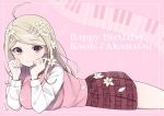  1girl absurdres ahoge akamatsu_kaede bangs blonde_hair blush breasts character_name commentary_request dangan_ronpa_(series) dangan_ronpa_v3:_killing_harmony eyebrows_visible_through_hair flower from_side hair_flower hair_ornament happy_birthday highres instrument keyboard_(instrument) large_breasts long_hair lying musical_note musical_note_hair_ornament necktie on_stomach pink_background pink_vest pleated_skirt raimone_(nekokirinv3) shiny shiny_skin shirt skirt smile solo sweater_vest vest white_flower white_shirt 