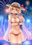  1girl bikini blonde_hair blue_eyes bob_cut breasts comiket_94 fireworks hat jewelry looking_at_viewer medium_breasts medium_hair navel night off-shoulder_shirt off_shoulder original osisio pendant red_bikini shirt smile solo straw_hat sun_hat swimsuit swimwear water wet 