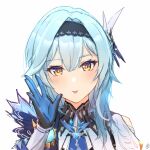  1girl :p bangs blue_gloves blue_hair blue_neckwear blush envyvanity eula_(genshin_impact) face genshin_impact gloves hair_ornament half-closed_eyes hand_up hands long_sleeves looking_at_viewer simple_background tongue tongue_out white_background yellow_eyes 