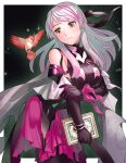  1girl a_(user_vtsy8742) adapted_costume bangs bare_shoulders bird black_background black_gloves black_legwear book border bow dress elbow_gloves fire_emblem fire_emblem:_radiant_dawn gloves half_updo highres holding holding_book long_hair looking_at_another micaiah_(fire_emblem) official_alternate_costume short_dress silver_hair sleeveless sleeveless_dress smile solo star_(symbol) twitter_username white_border yellow_eyes yune_(fire_emblem) 