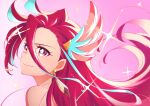  1girl absurdres blue_hair closed_mouth cure_flamingo earrings eriko feather_earrings feathers gradient gradient_background hair_between_eyes highres huge_filesize jewelry long_hair looking_at_viewer multicolored_hair pink_background precure red_eyes redhead smile takizawa_asuka tropical-rouge!_precure two-tone_hair upper_body 