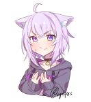  1girl animal_ear_fluff animal_ears artist_name bangs black_collar black_hoodie blush cat_ears cat_girl collar collarbone cowlick eyebrows_visible_through_hair highres hololive hood hoodie looking_at_viewer nekomata_okayu open_hands purple_hair solo upper_body v-shaped_eyebrows violet_eyes virtual_youtuber vyolfers white_background 