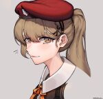  1girl alternate_costume alternate_hairstyle beret blush girls_frontline hachirodesu hat highres light_brown_eyes light_brown_hair lips ponytail ppk_(girls_frontline) smile solo 